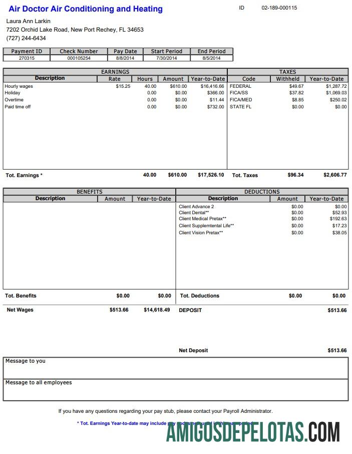 Recibo de pagamento do Air Doctor exemplo real